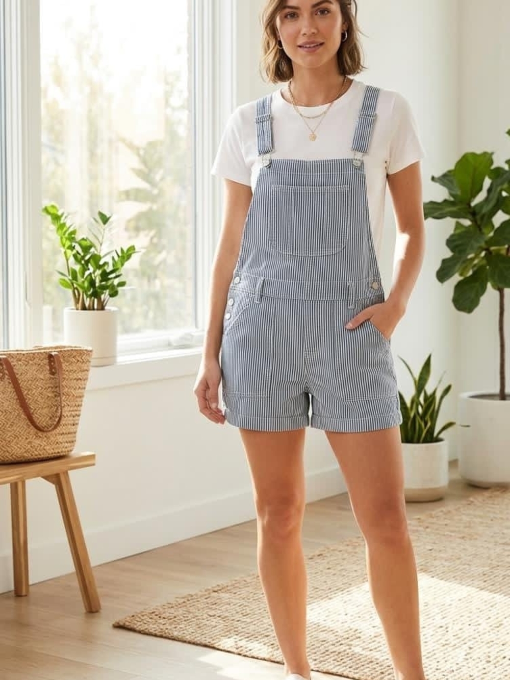 Pink Lily Blue Pinstriped Short Overalls • Size M